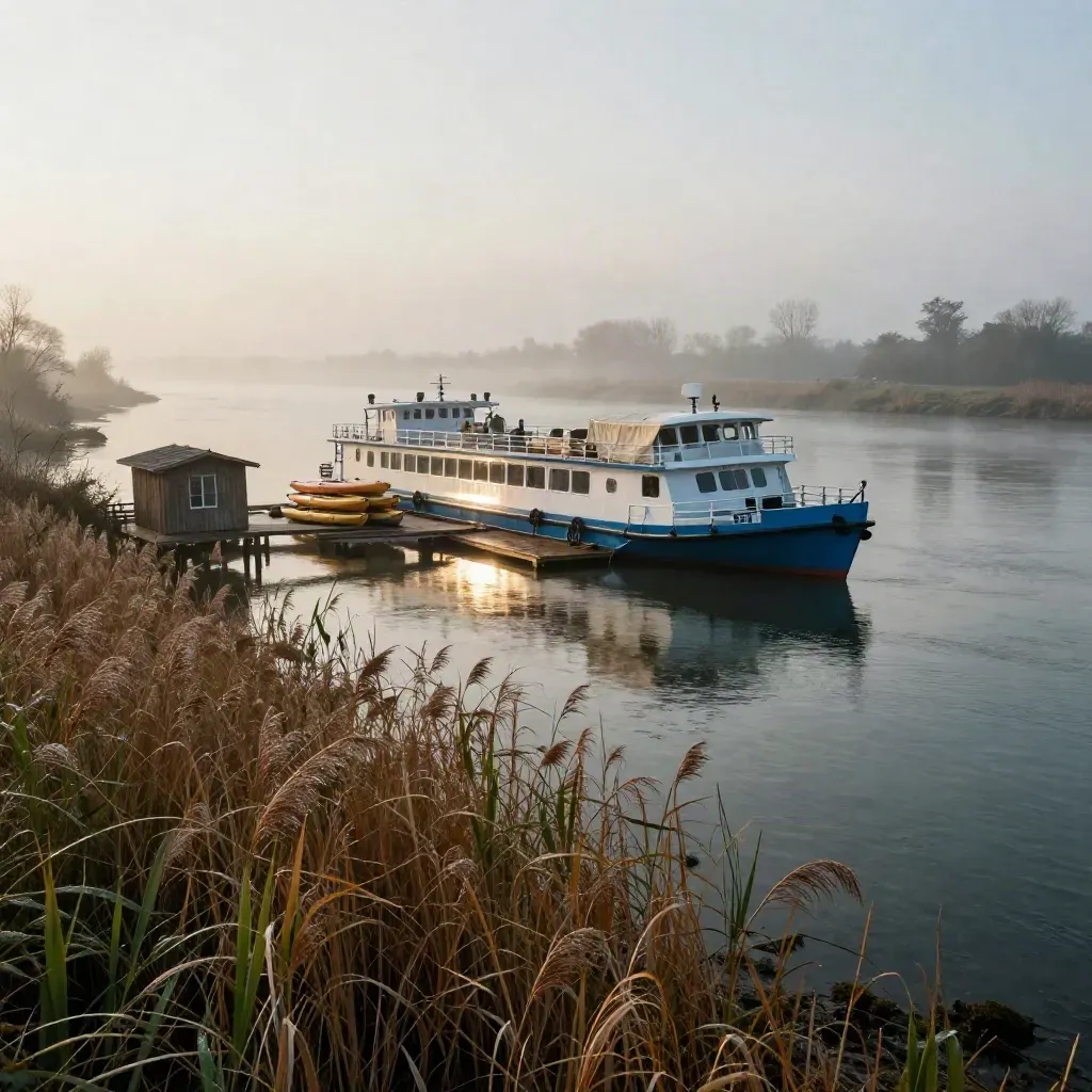 Bend del Po all’alba con barca eco-crociera, kayak, canneti e nebbia luminosa.