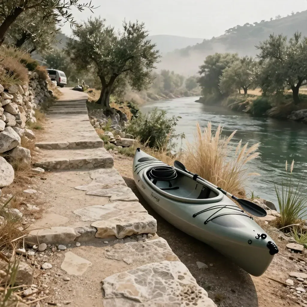Sentiero in pietra con canoe pronte al lancio tra ulivi e nebbia sul fiume.