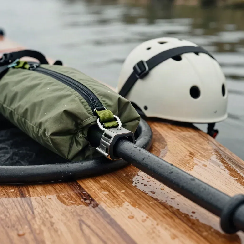 Attrezzi da guida kayak e canoa con fibbia PFD, zip dry bag e cinturino casco su un pontile bagnato.
