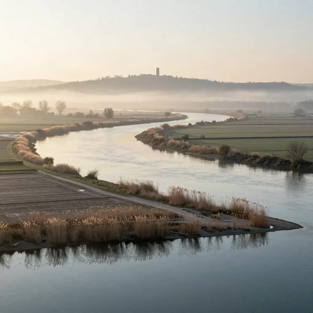 Piana veneta all’alba con ansa dell’Adige, colline di Verona e campanile nella nebbia.