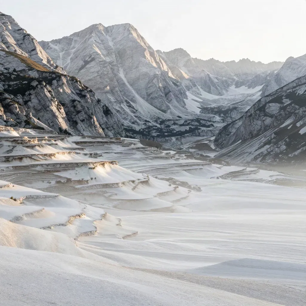 Valle alpina luminosa con rocce calcaree e terrazze fluviali, avvolta nella nebbia del mattino.
